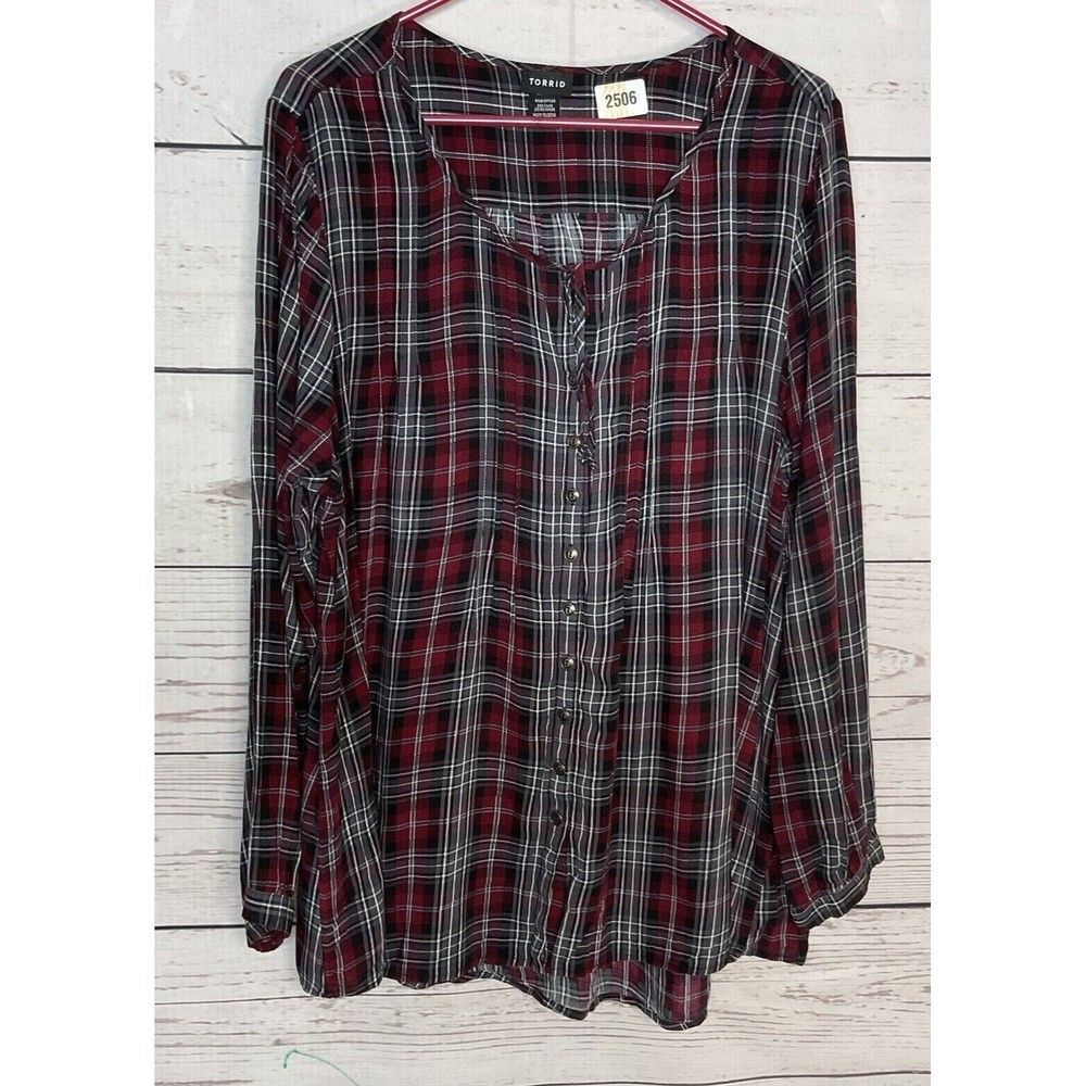 Torrid Challis Button Up Long Sleeve Shirt Tunic Women Plus Size 2X Red/White